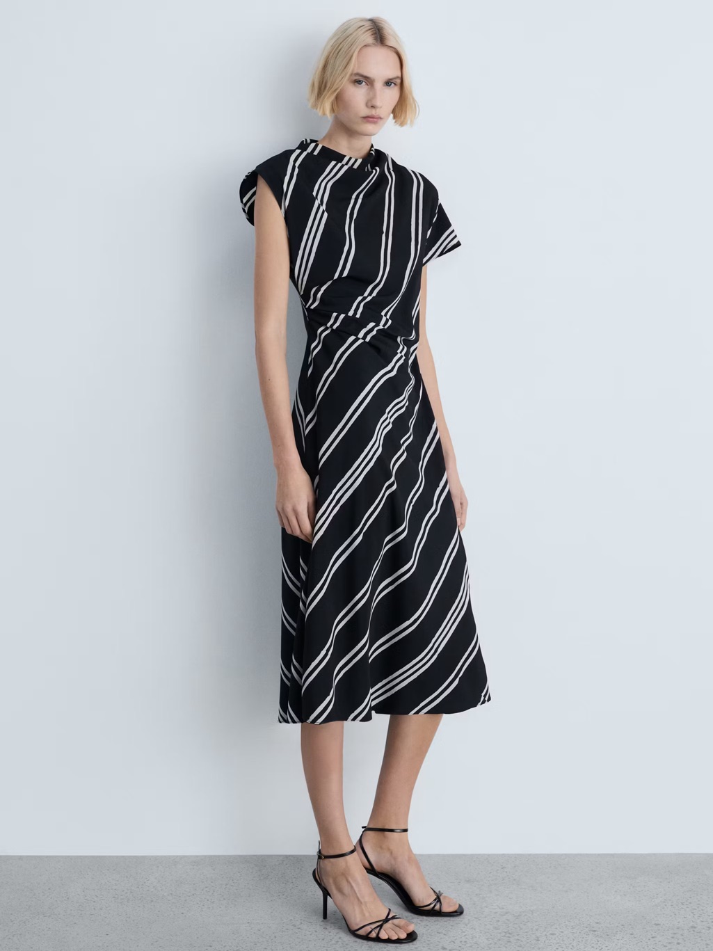 Mango Black Stripe Print Midi Dress Nwt